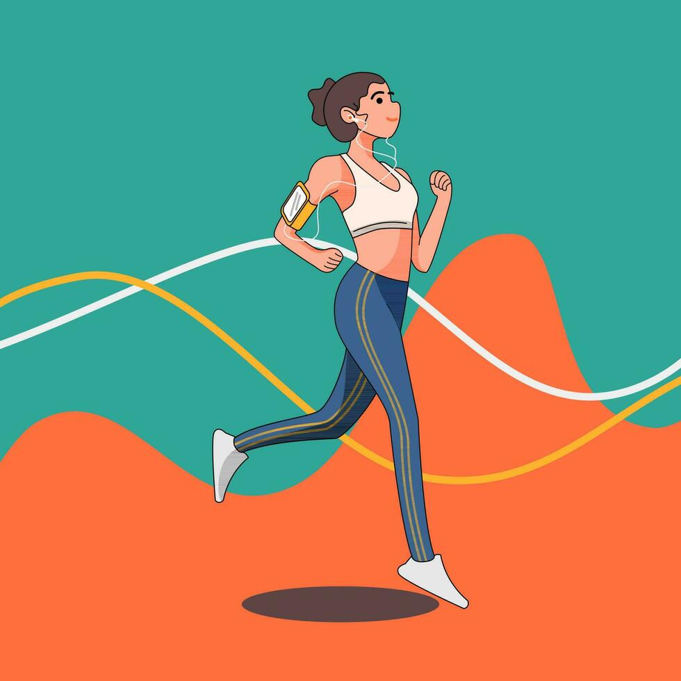 mujer corriendo rutina de ejercicio plano diseño vector