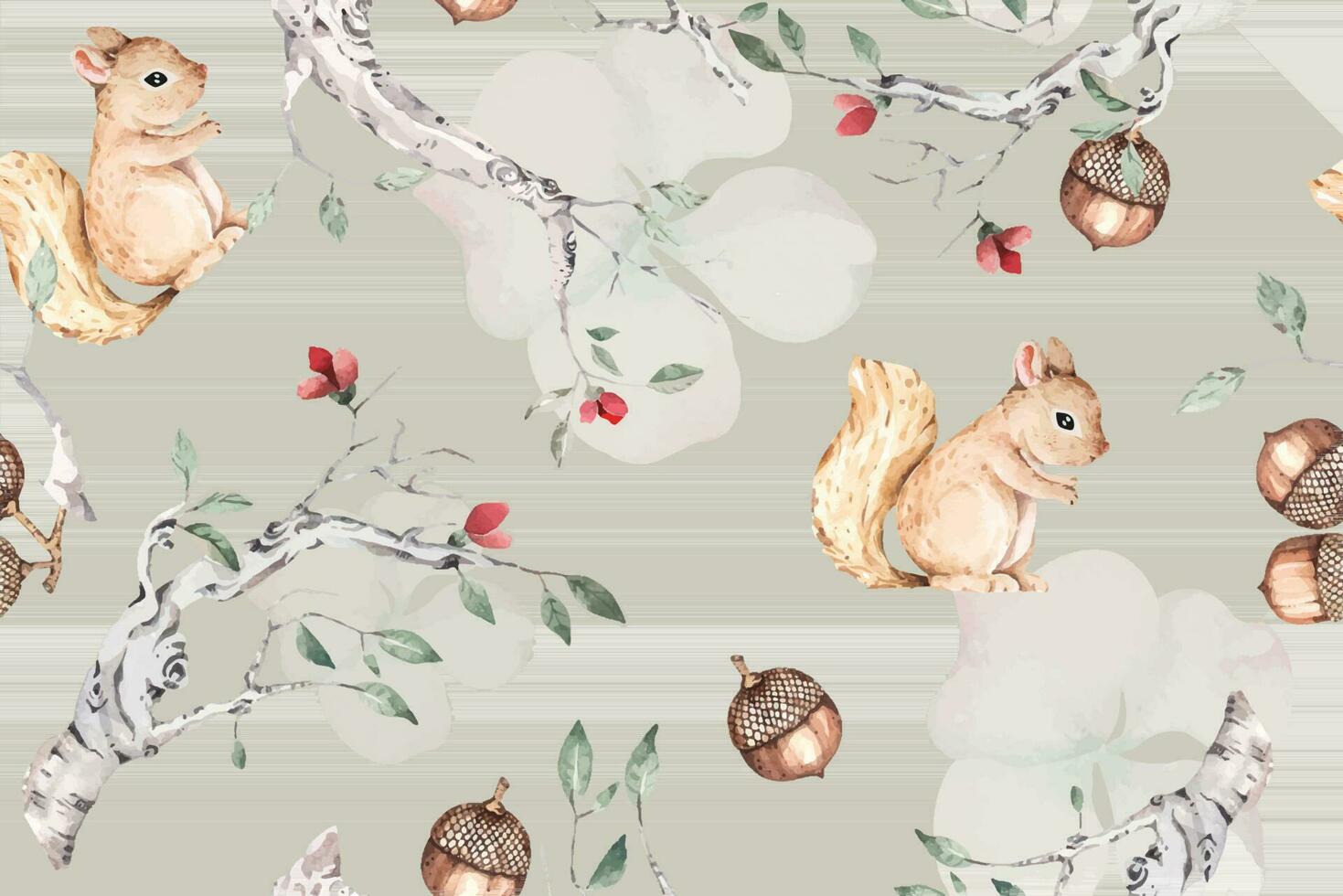 Seamless pattern of branches and cute squirrels for spring with watercolor. Designed for fabric and wallpaper, vintage style.Botany pastel background.Pattern cute. vector