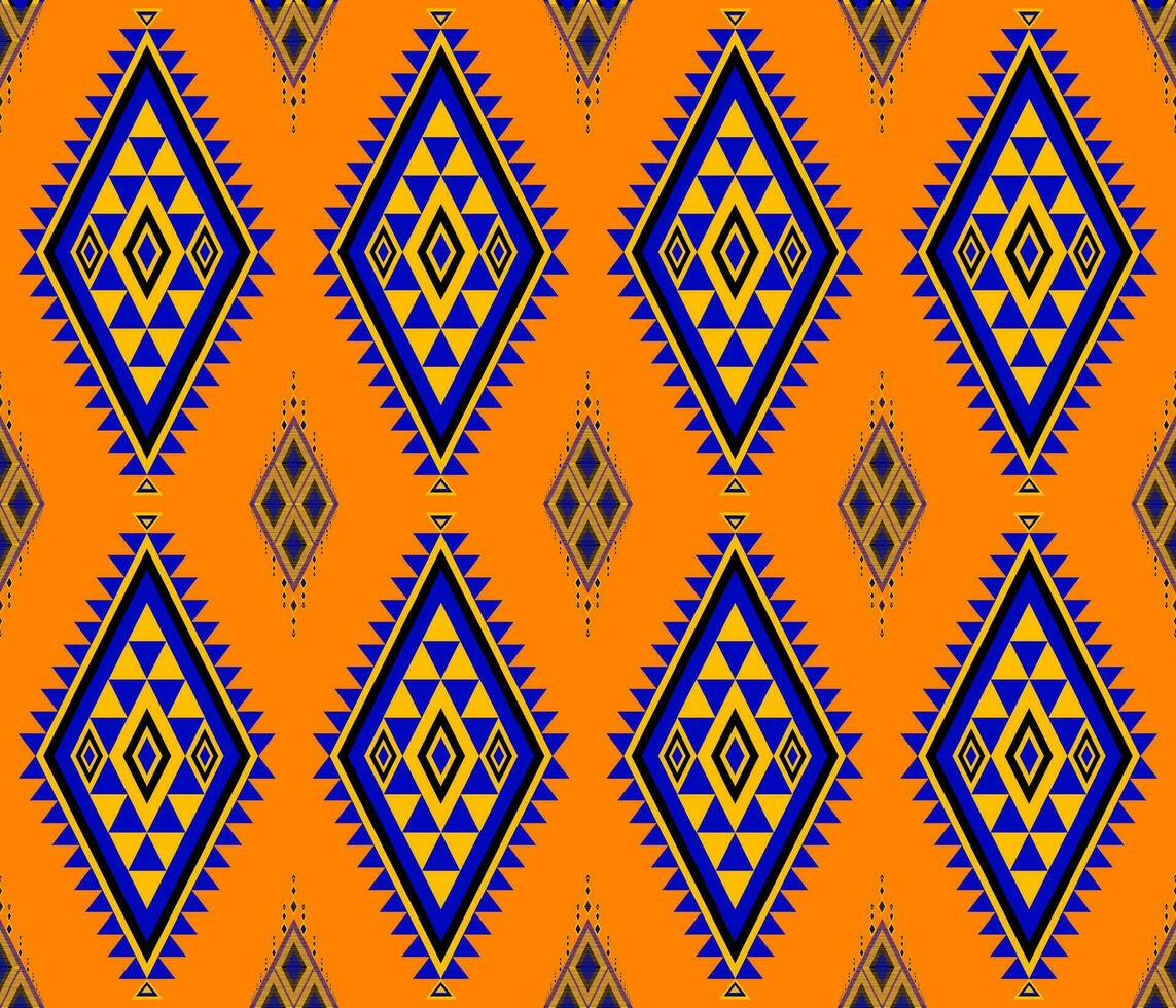 Emblem ethnic folk geometric seamless pattern in blue and yellow vector