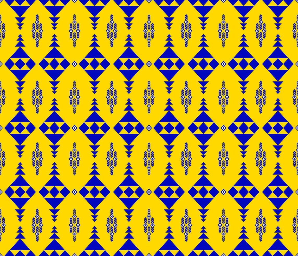 Emblem ethnic folk geometric seamless pattern in blue and yellow vector