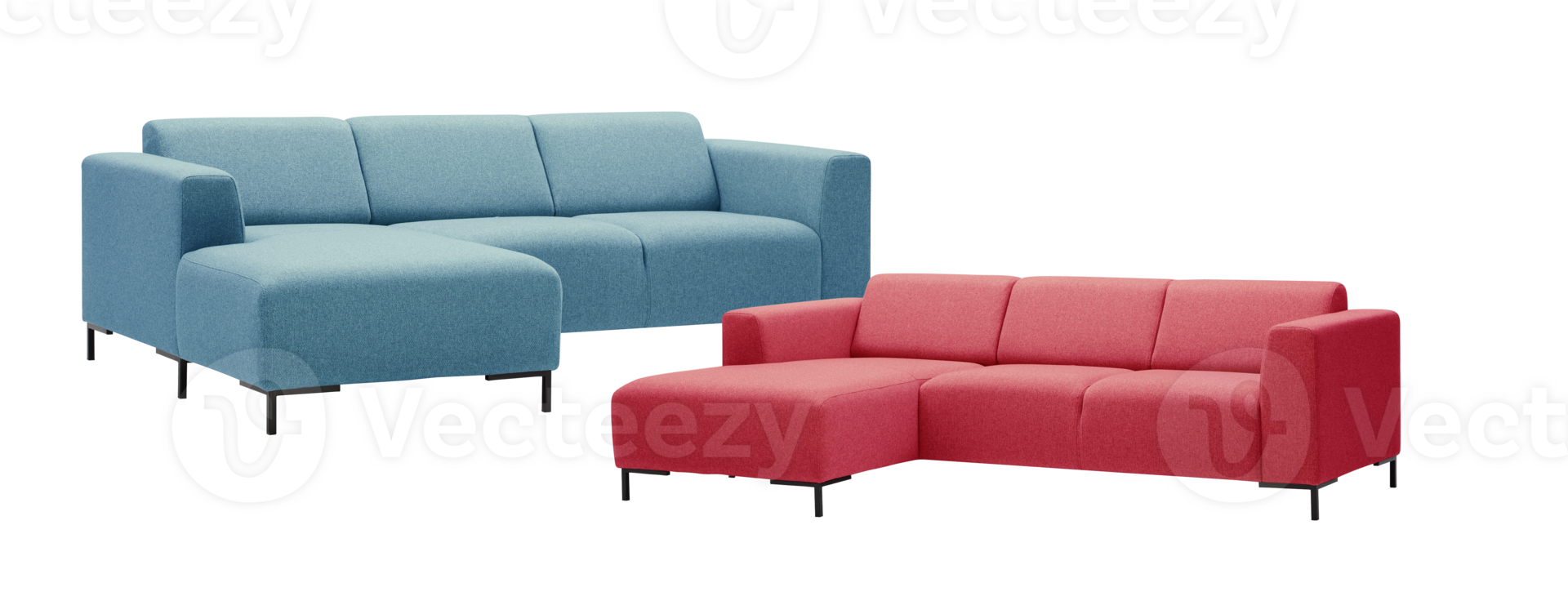 Long sofa with pillows, many angles isolated transparent background png