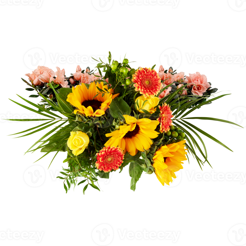 bouquet of sunflowers blooming on palm leaves isolated on transparent background png