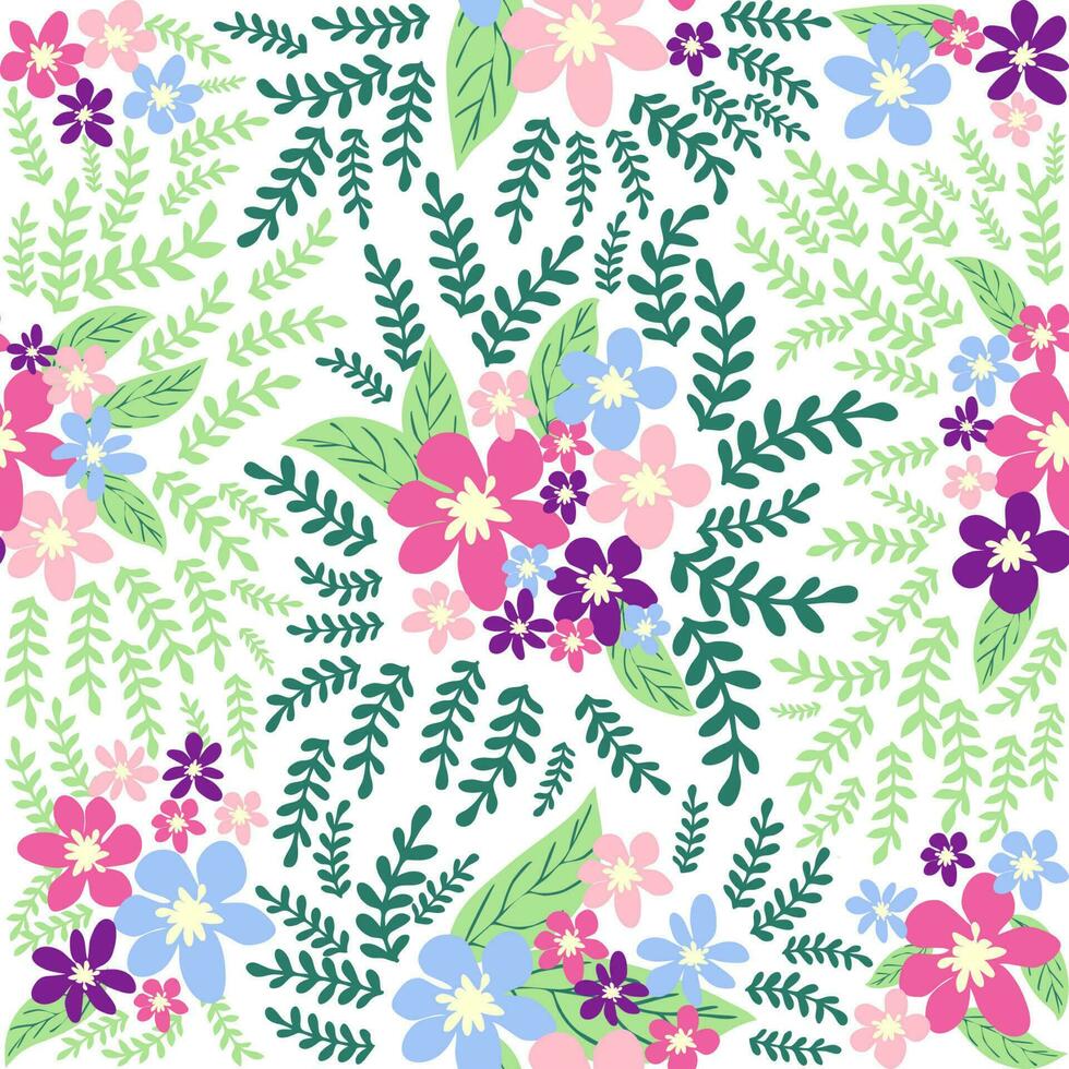 Fantasy seamless floral pattern with blue, pink, purple, red, orange flowers and leaves. Elegant template for fashion vector