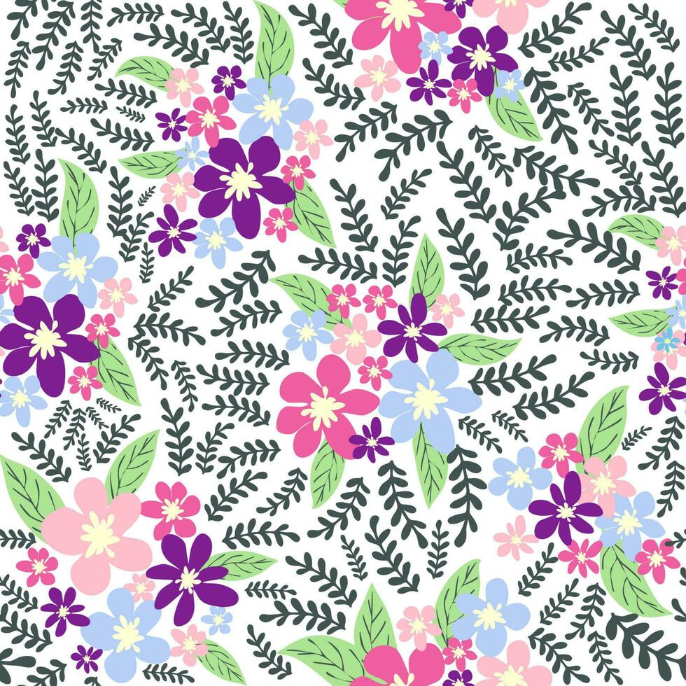 Fantasy seamless floral pattern with blue, pink, purple, red, orange flowers and leaves. Elegant template for fashion vector