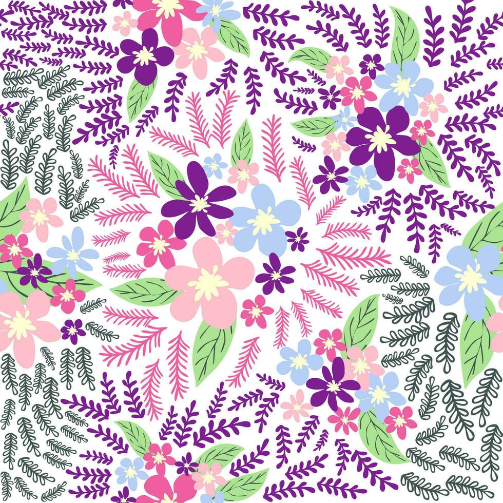 Fantasy seamless floral pattern with blue, pink, purple, red, orange flowers and leaves. Elegant template for fashion vector