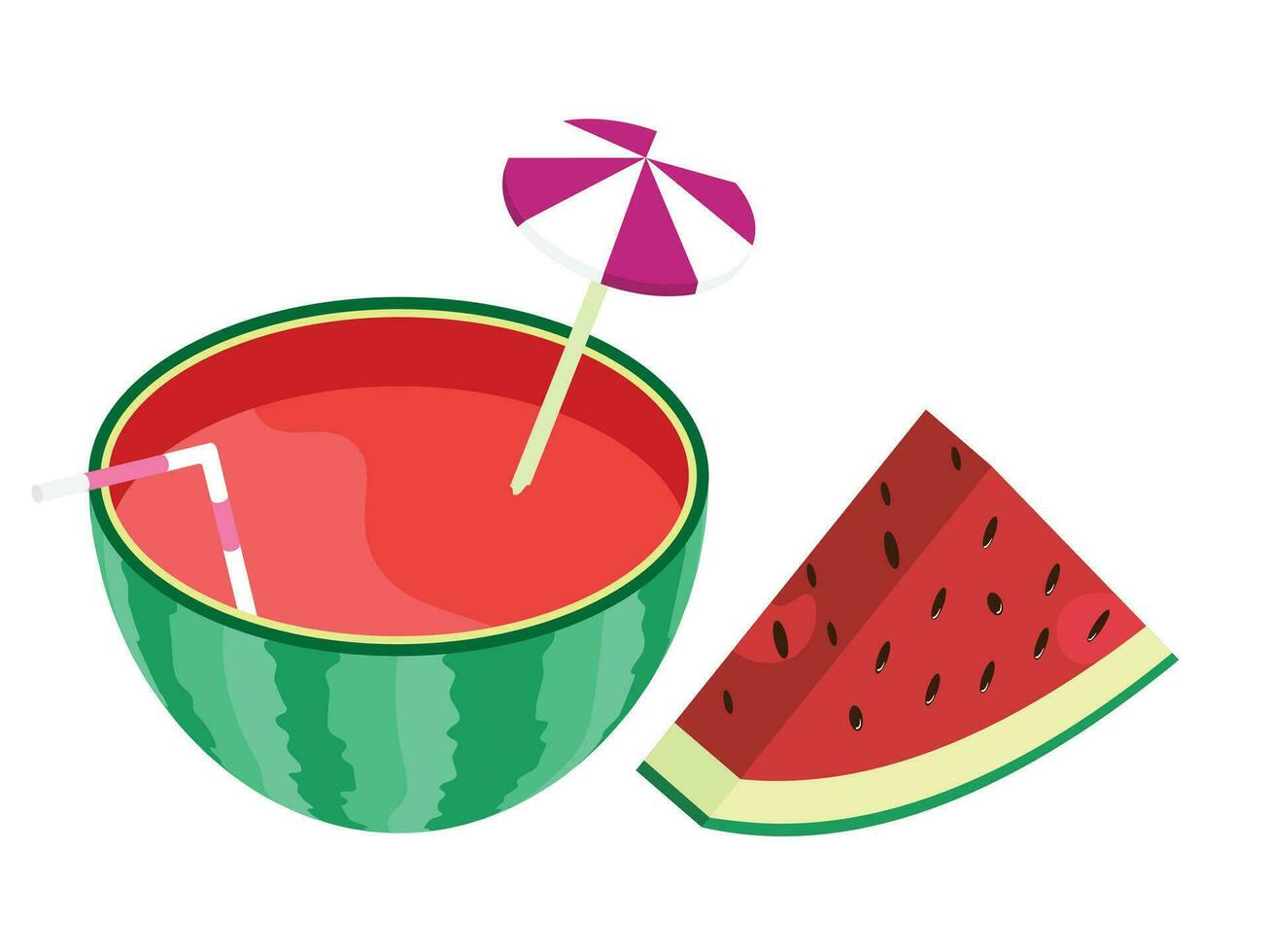 cocktail half of a watermelon with straw and a cocktail umbrella vector