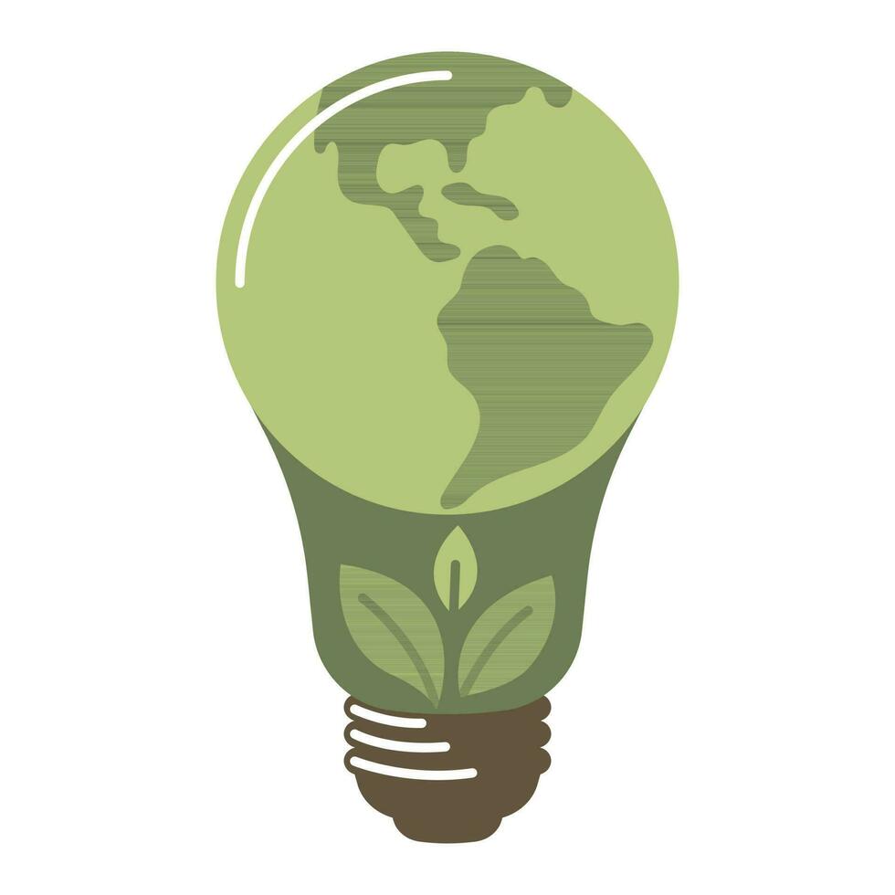 Earth in shape of light bulb lamp, concept of ecology problem ESG renewable, green energy, safe and long term source, vector illustration.