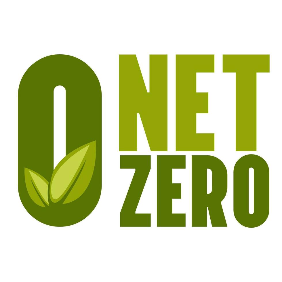 Net zero, CO2 neutral, green vector illustration. Eco friendly isolated sign, text with leaves. Carbon emissions free, no air atmosphere pollution industrial production. Save the planet