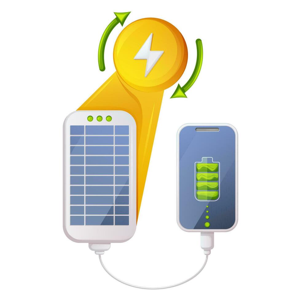 Portable solar panel for phone charging. Alternative, eco friendly, sustainable, renewable energy source. Concept of zero emissions by 2050, co2 neutral, net zero. Ecology environment improvement. vector