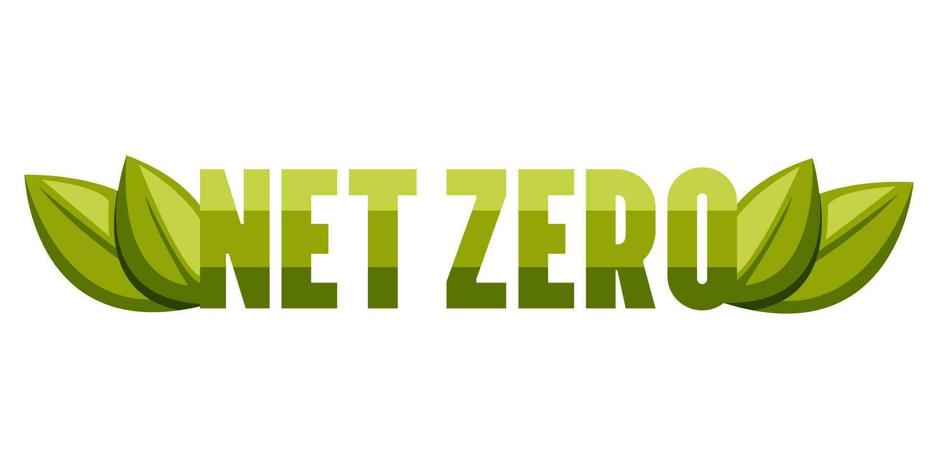 Net zero, text with leaves, CO2 neutral, green vector illustration. Eco friendly isolated sign. Carbon emissions free, no air atmosphere pollution industrial production