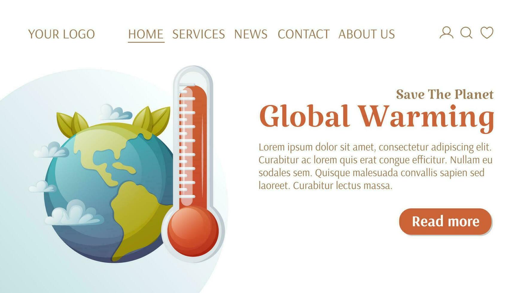 Global warming, template for website. Earth and thermometer with red indicator. The concept of ecology, save the planet, protect the environment. Vector illustration. For banner, poster, advertising.