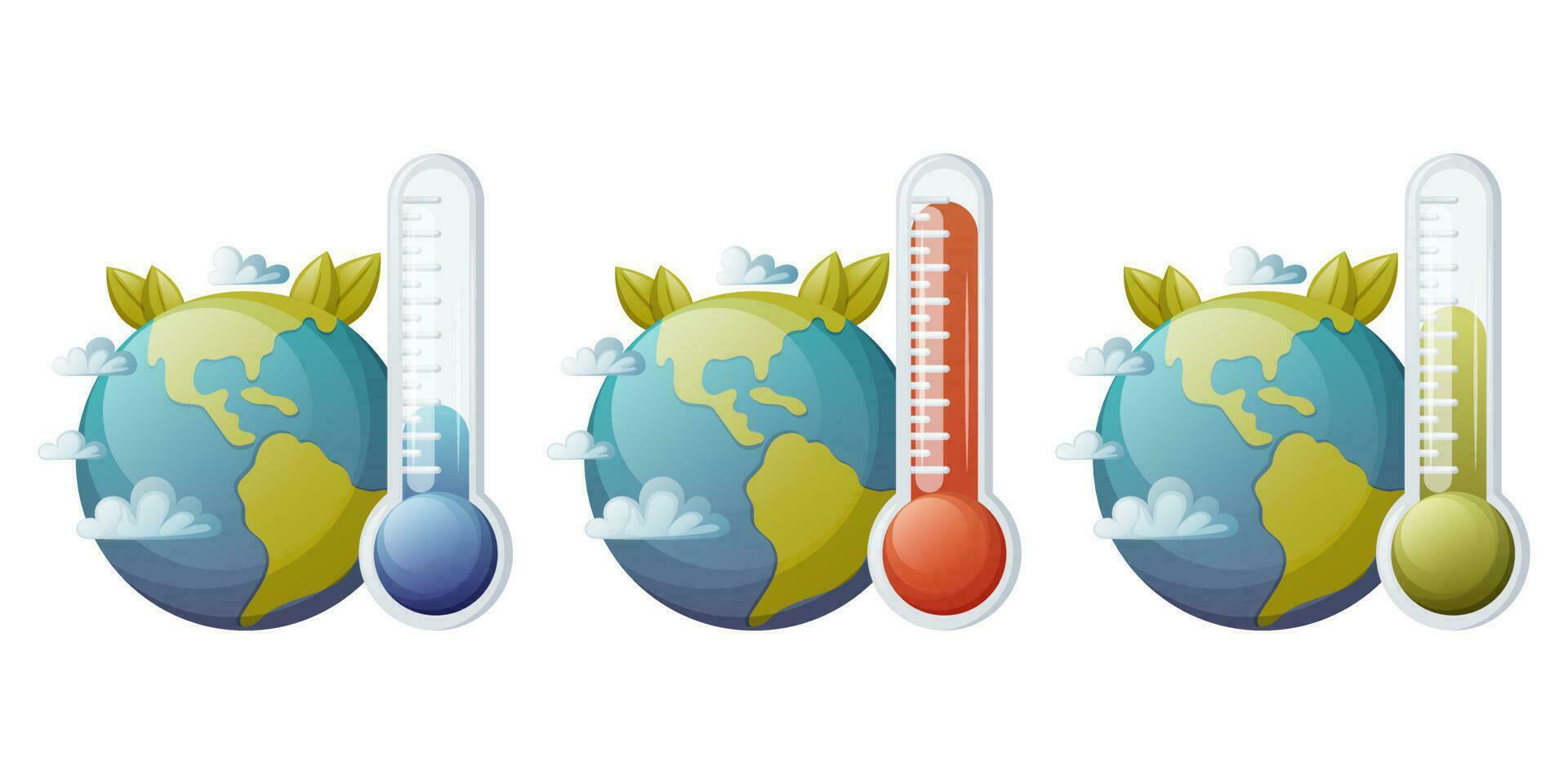 Earth and thermometer with indicator. The global problem of warming and cooling. The concept of ecology, save the planet, protect the environment. Vector illustration