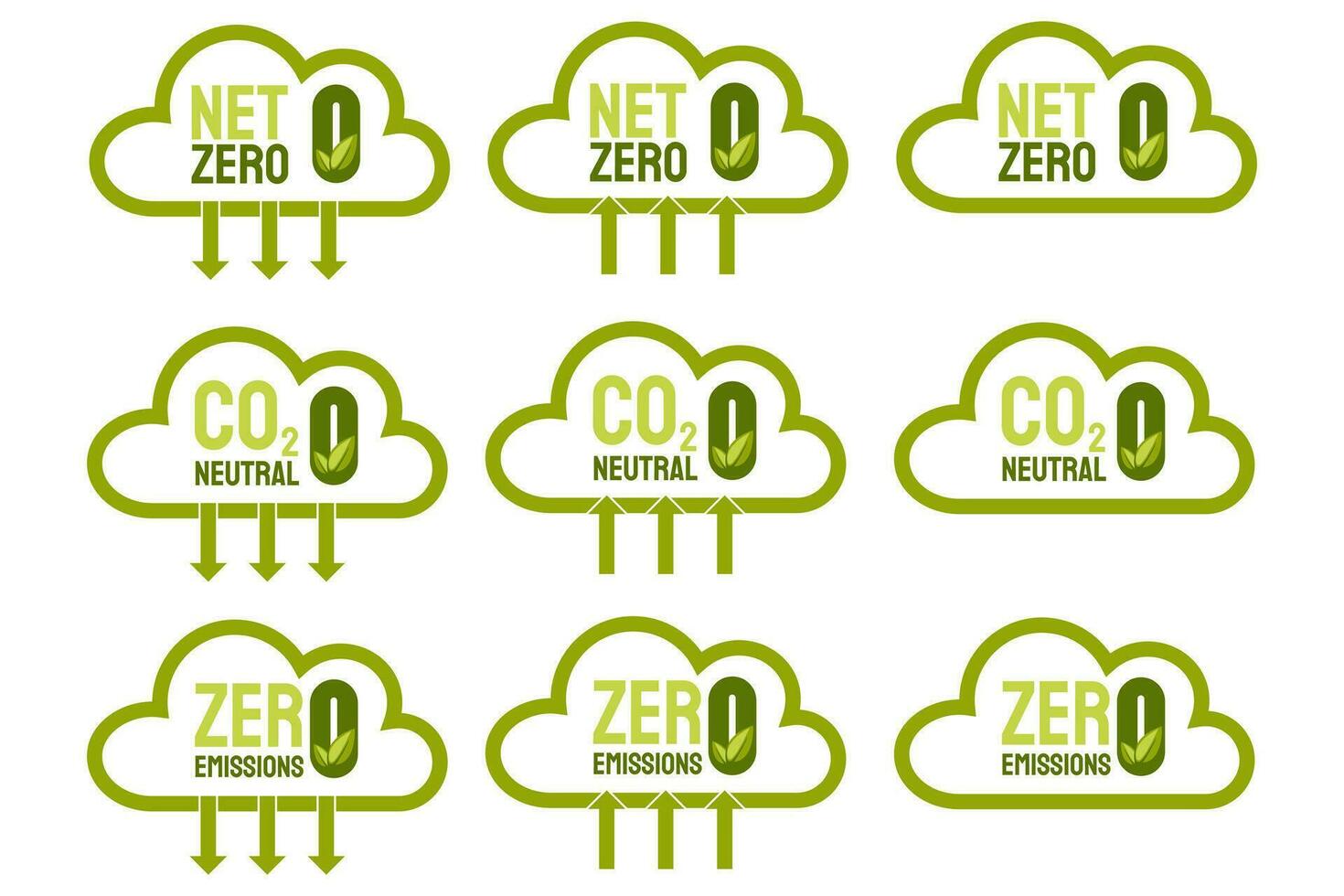 CO2 emission reduction icons. Eco friendly green cloud with arrows, net zero, zero emissions, co2 neutral. Zero carbon footprint vector illustration. Ecology environment improvement concept.