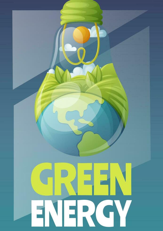 Light bulb with Earth and landscape, text green energy, poster, vector illustration, protecting the environment, save the planet, ecology concept. For banner, flyer, conference