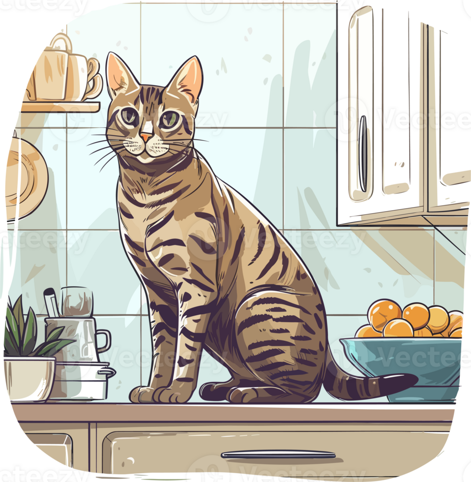 Graphic Of Bengal Cat in The Kitchen , Tshirt Design ,illustration png