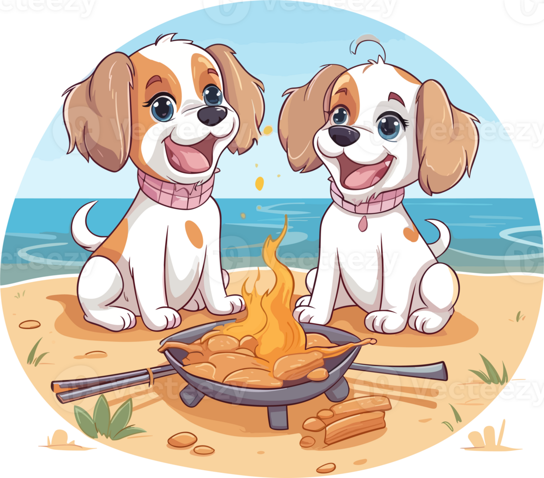 Cartoon Happy Puppies Are Grilling Meat On The Beach , Tshirt Design , illustration png