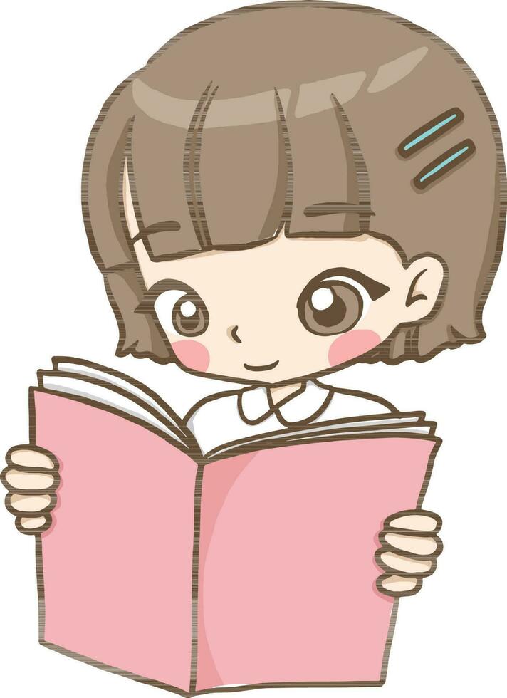 Chica de escuela leyendo un libro dibujos animados garabatear kawaii anime colorante página linda ilustración dibujo personaje chibi manga cómic vector