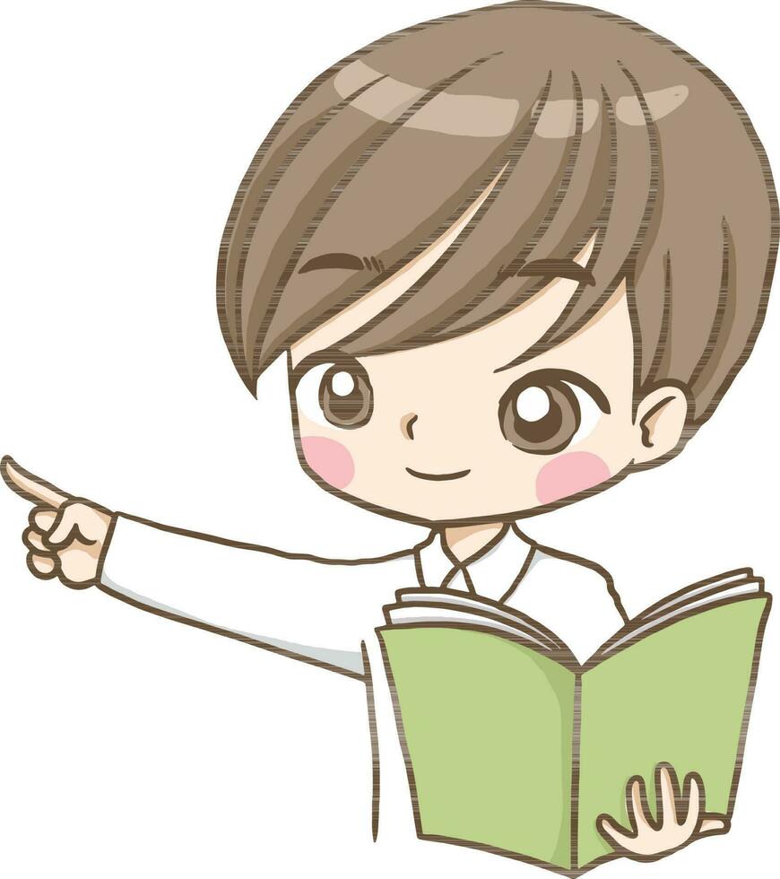 chico participación un libro dibujos animados garabatear kawaii anime colorante página linda ilustración dibujo personaje chibi manga cómic vector