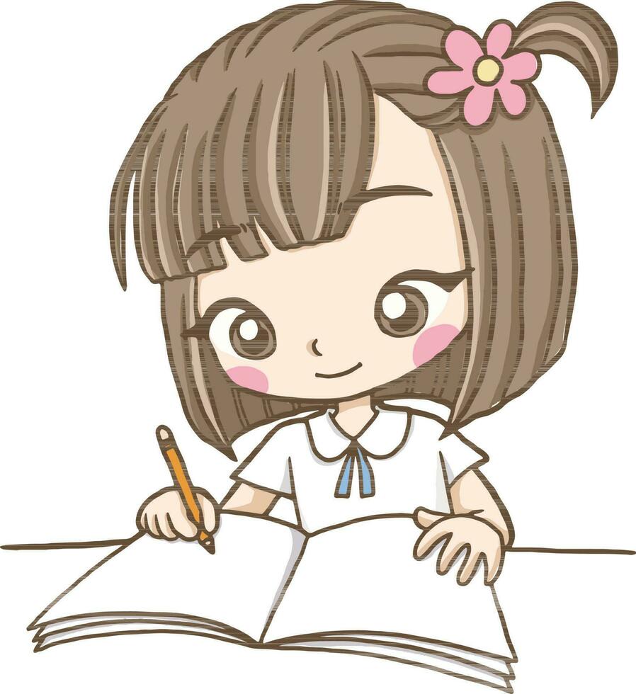 niña participación un libro dibujos animados garabatear kawaii anime colorante página linda ilustración dibujo personaje chibi manga cómic vector