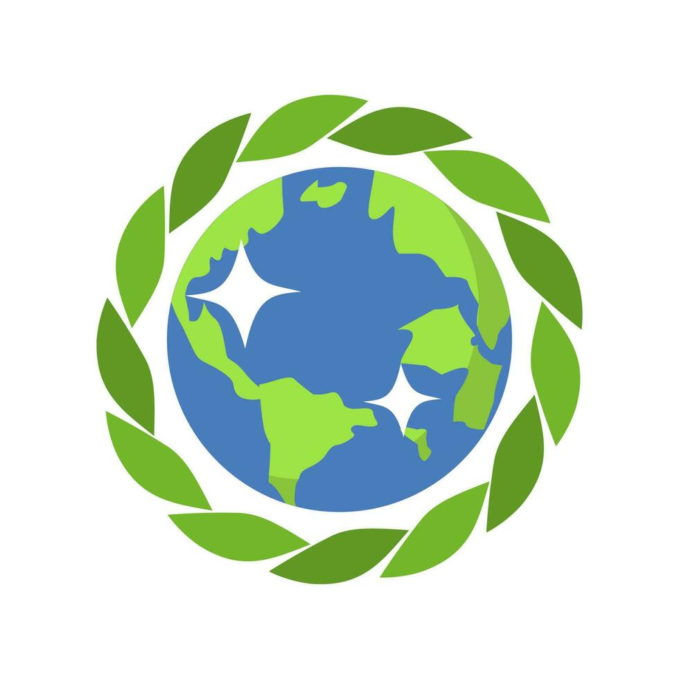 planeta tierra con verde hojas icono en blanco antecedentes. vector ilustración.