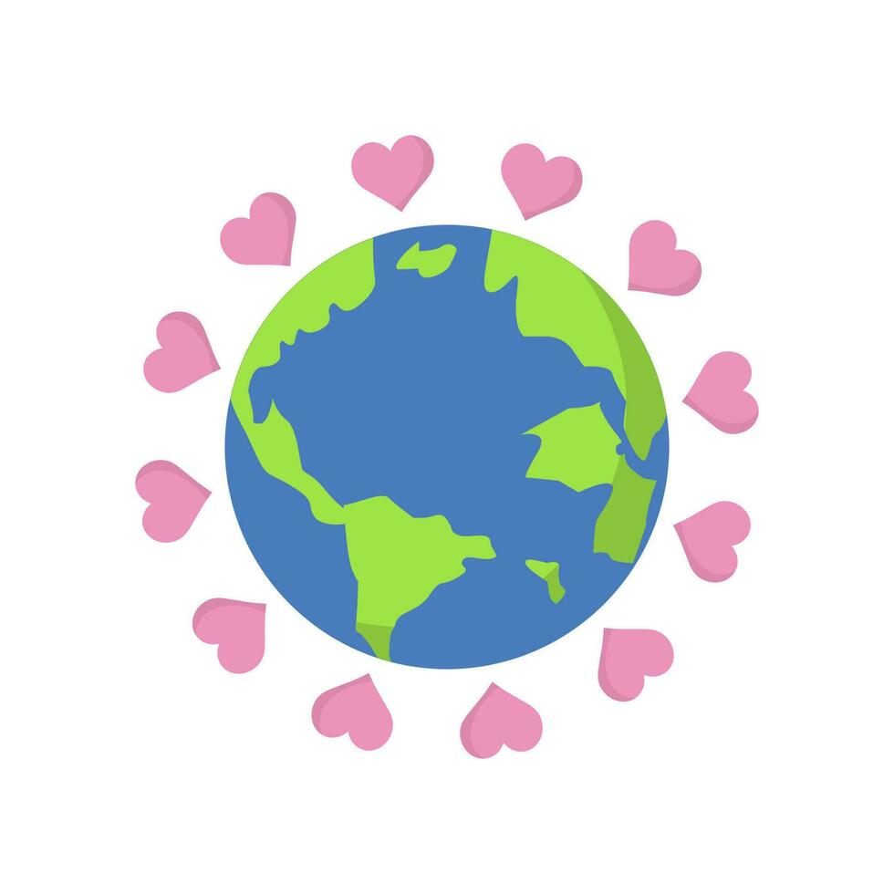 Planet earth with hearts around icon in flat color style. Global love Design for earth day and environment campaign vector