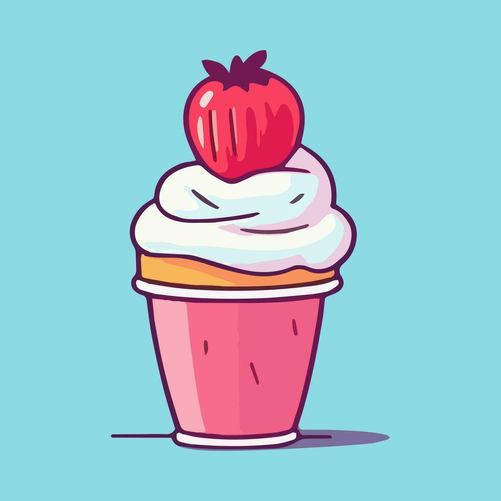 Ice cream cupcake with strawberry. Vector illustration in cartoon style.
