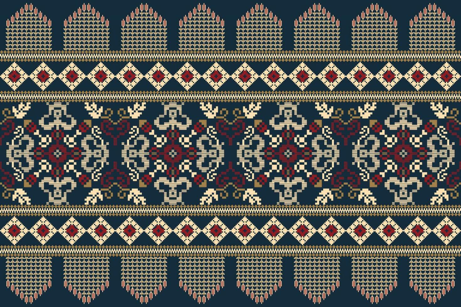 Floral knitted embroidery on navy blue background.geometric ethnic oriental pattern traditional.Aztec style abstract vector illustration.design for texture,fabric,clothing,wrapping,decoration,scarf.