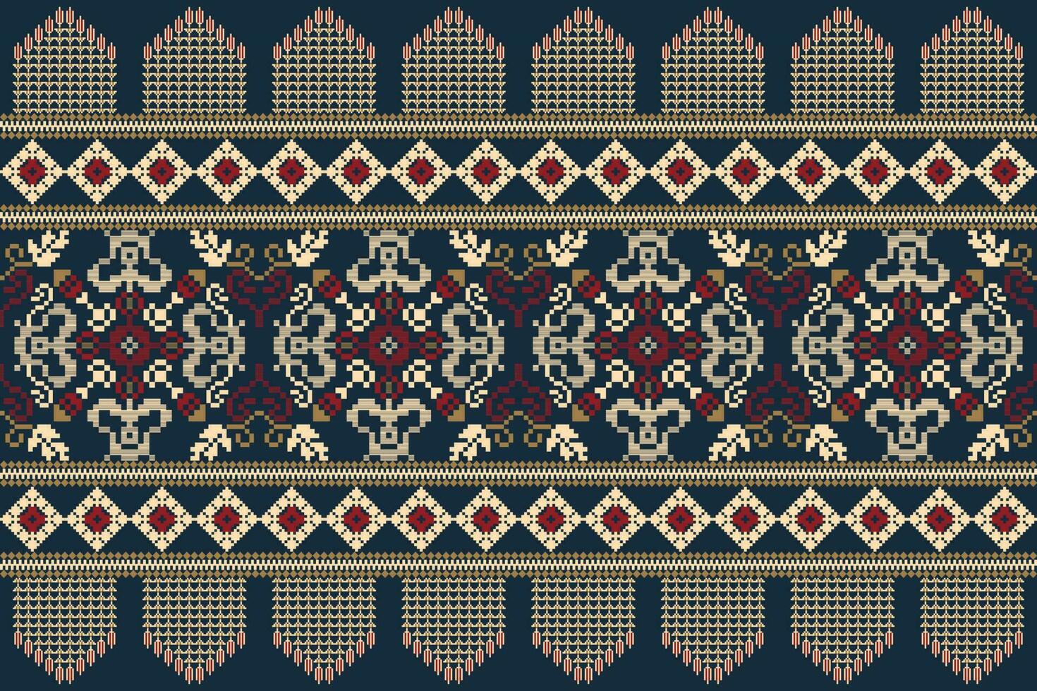 Floral knitted embroidery on navy blue background.geometric ethnic oriental pattern traditional.Aztec style abstract vector illustration.design for texture,fabric,clothing,wrapping,decoration,scarf.