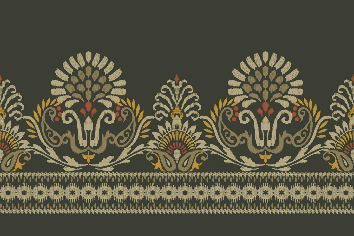 Ikat floral paisley embroidery on dark green background.Ikat ethnic oriental pattern traditional.Aztec style abstract vector illustration.design for texture,fabric,clothing,wrapping,decoration,sarong.