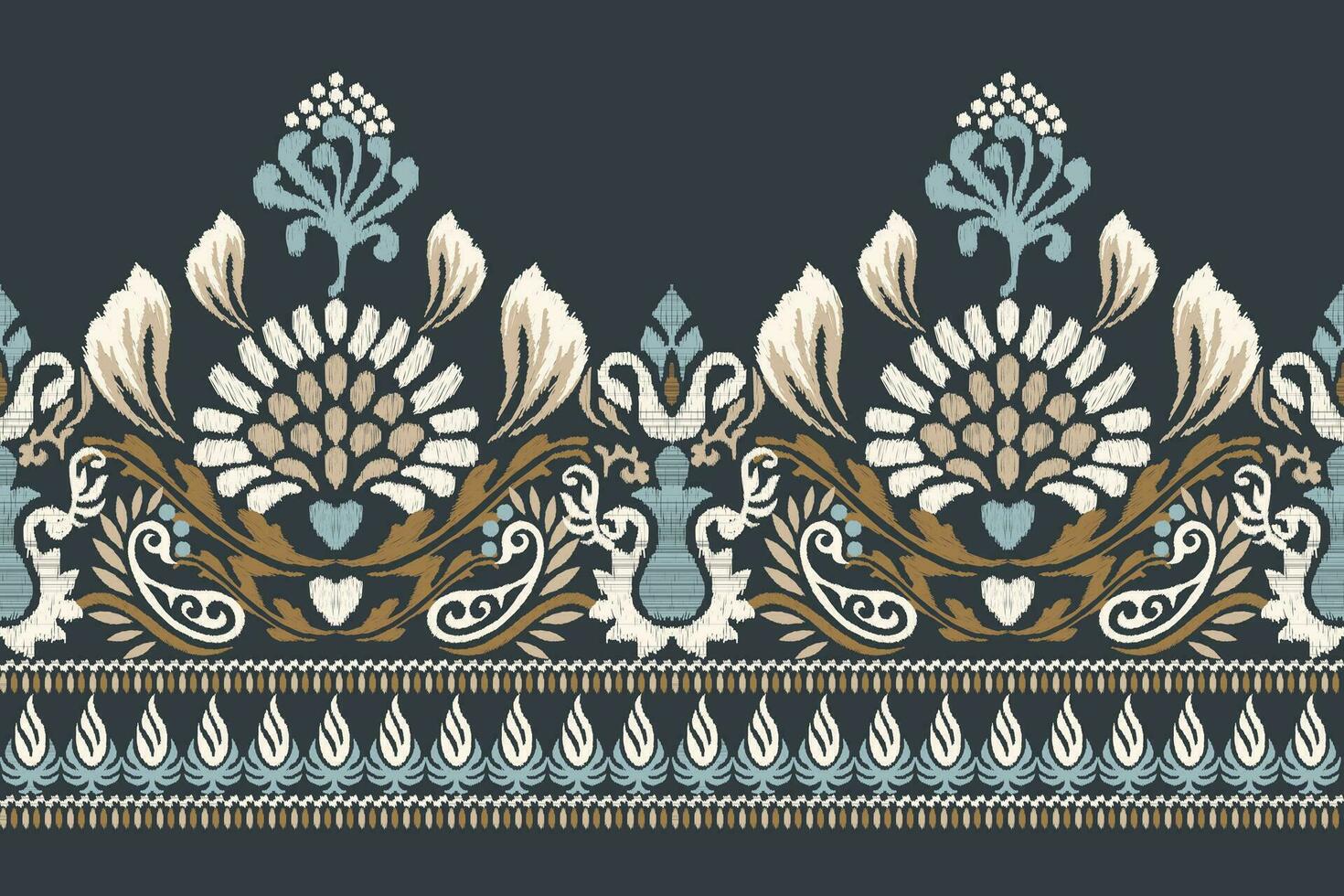 Ikat floral paisley embroidery on navy blue background.Ikat ethnic oriental pattern traditional.Aztec style abstract vector illustration.design for texture,fabric,clothing,wrapping,decoration,sarong.