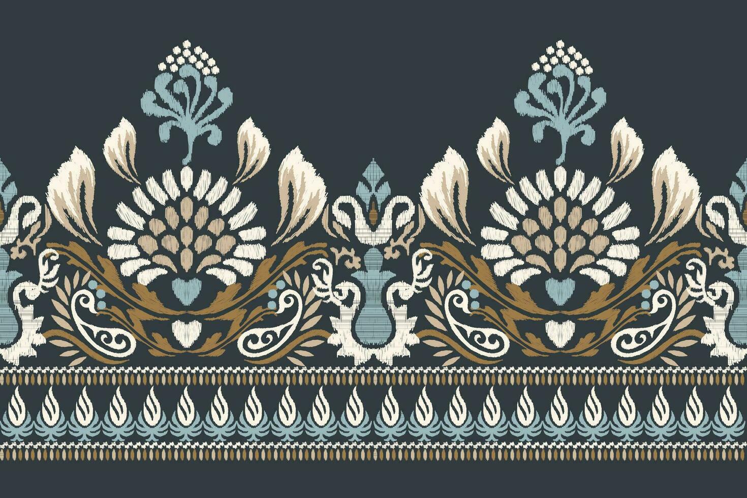 Ikat floral paisley embroidery on navy blue background.Ikat ethnic oriental pattern traditional.Aztec style abstract vector illustration.design for texture,fabric,clothing,wrapping,decoration,sarong.