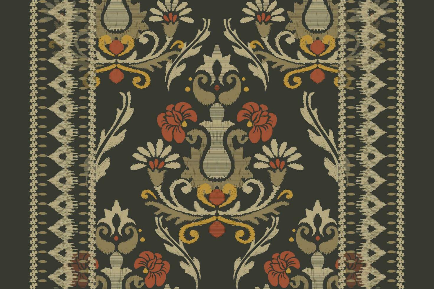 Ikat floral paisley embroidery on dark green background.Ikat ethnic oriental pattern traditional.Aztec style abstract vector illustration.design for texture,fabric,clothing,wrapping,decoration,carpet.