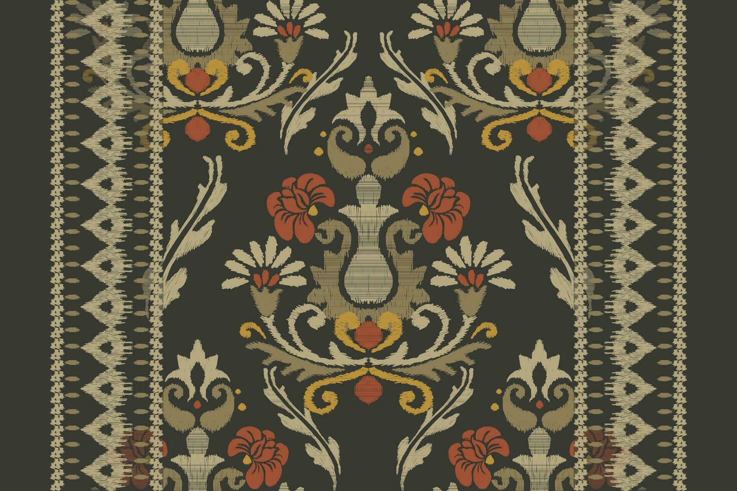 Ikat floral paisley embroidery on dark green background.Ikat ethnic oriental pattern traditional.Aztec style abstract vector illustration.design for texture,fabric,clothing,wrapping,decoration,carpet.