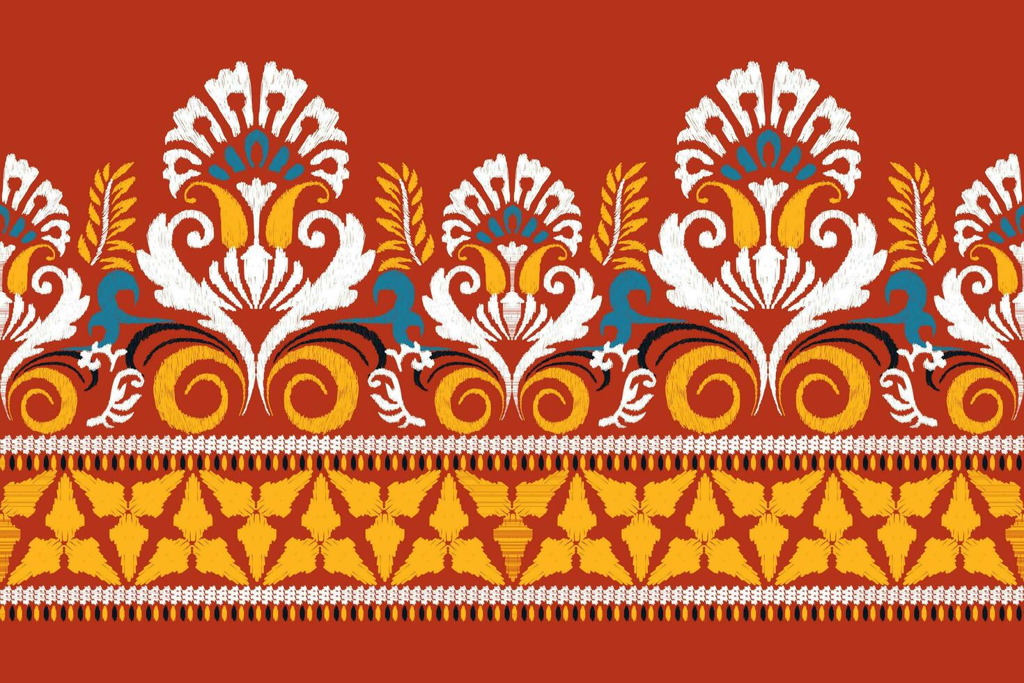 Ikat floral paisley embroidery on red background.Ikat ethnic oriental pattern traditional.Aztec style abstract vector illustration.design for texture,fabric,clothing,wrapping,decoration,sarong,scarf.