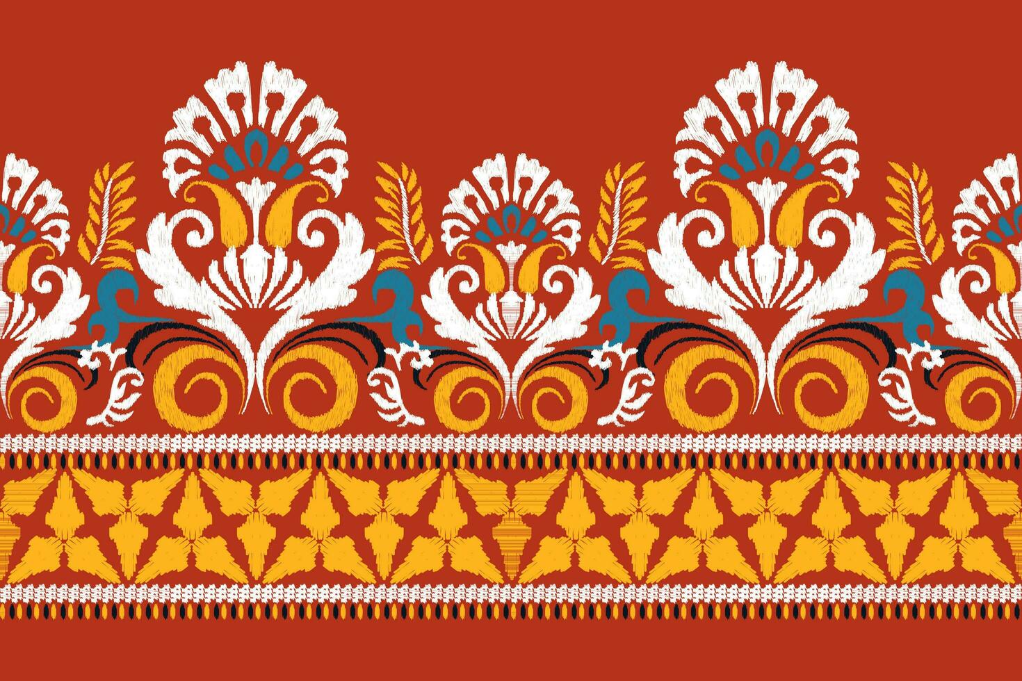 Ikat floral paisley embroidery on red background.Ikat ethnic oriental pattern traditional.Aztec style abstract vector illustration.design for texture,fabric,clothing,wrapping,decoration,sarong,scarf.