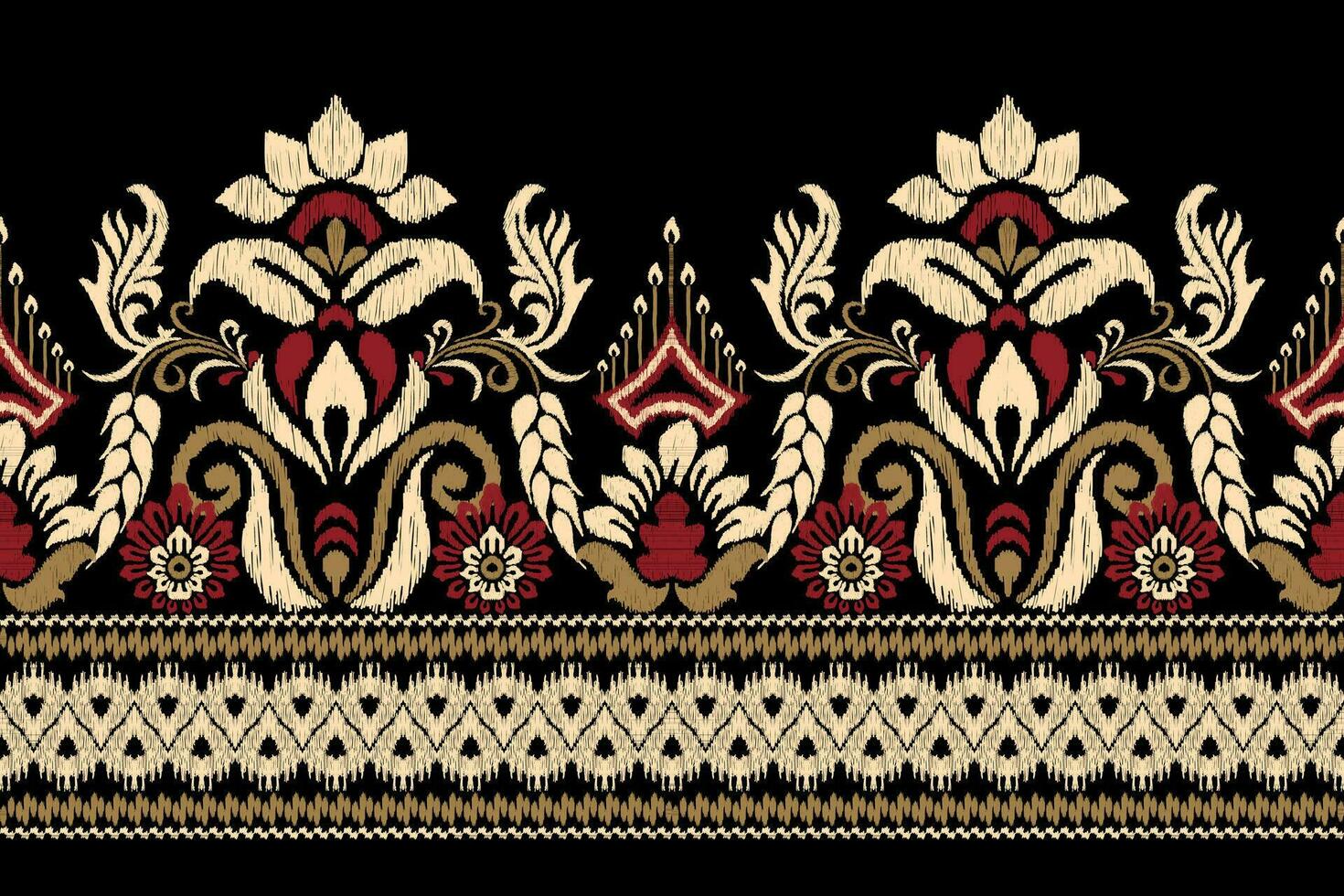 Ikat floral paisley embroidery on black background.Ikat ethnic oriental pattern traditional.Aztec style abstract vector illustration.design for texture,fabric,clothing,wrapping,decoration,sarong,scarf