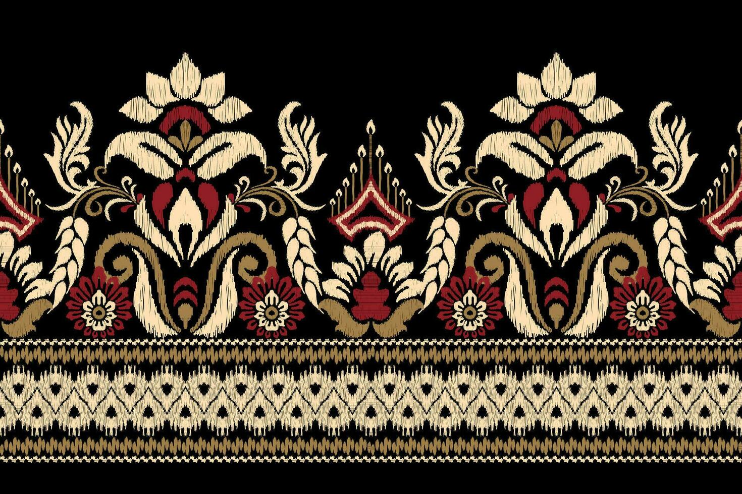 ikat floral cachemir bordado en negro fondo.ikat étnico oriental modelo tradicional.azteca estilo resumen vector ilustración.diseño para textura,tela,ropa,envoltura,decoración,pareo,bufanda