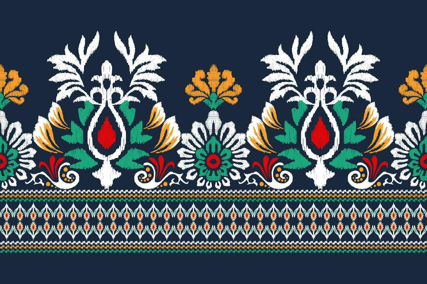 Ikat floral paisley embroidery on navy blue background.Ikat ethnic oriental pattern traditional.Aztec style abstract vector illustration.design for texture,fabric,clothing,wrapping,decoration,sarong.