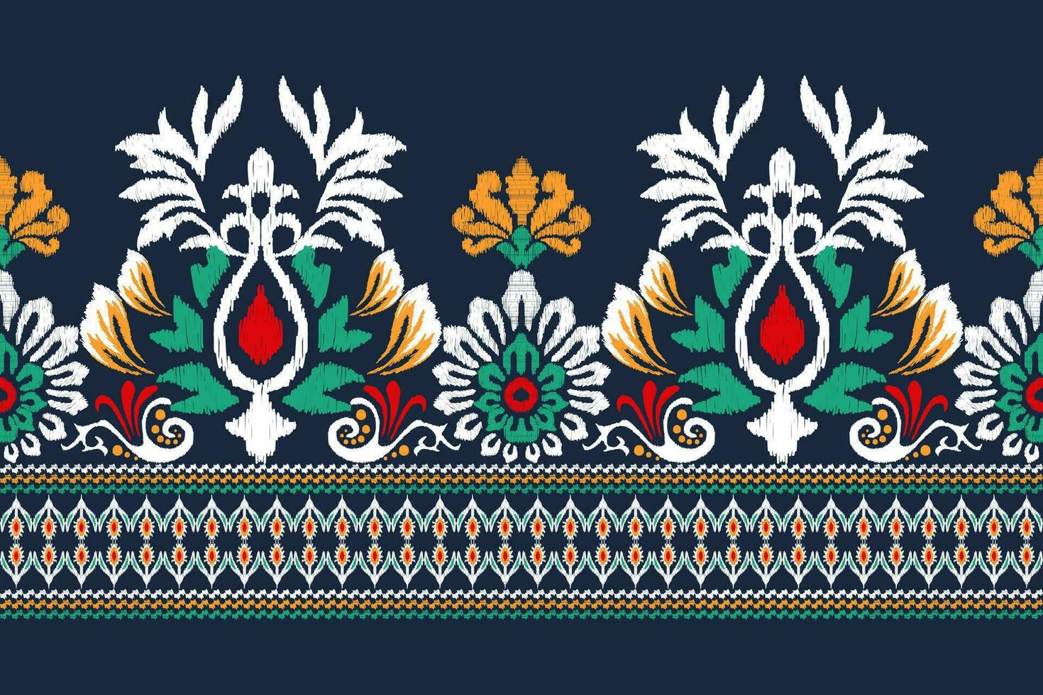 ikat floral cachemir bordado en Armada azul fondo.ikat étnico oriental modelo tradicional.azteca estilo resumen vector ilustración.diseño para textura,tela,ropa,envoltura,decoración,pareo.