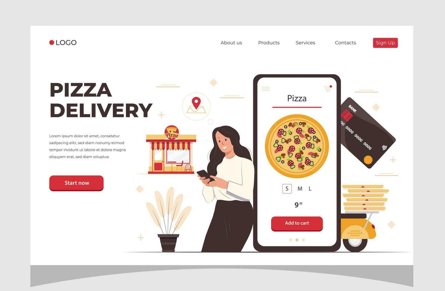 comida en línea orden teléfono inteligente Pizza entrega. comida entrega concepto para bandera, sitio web diseño o aterrizaje web página. vector