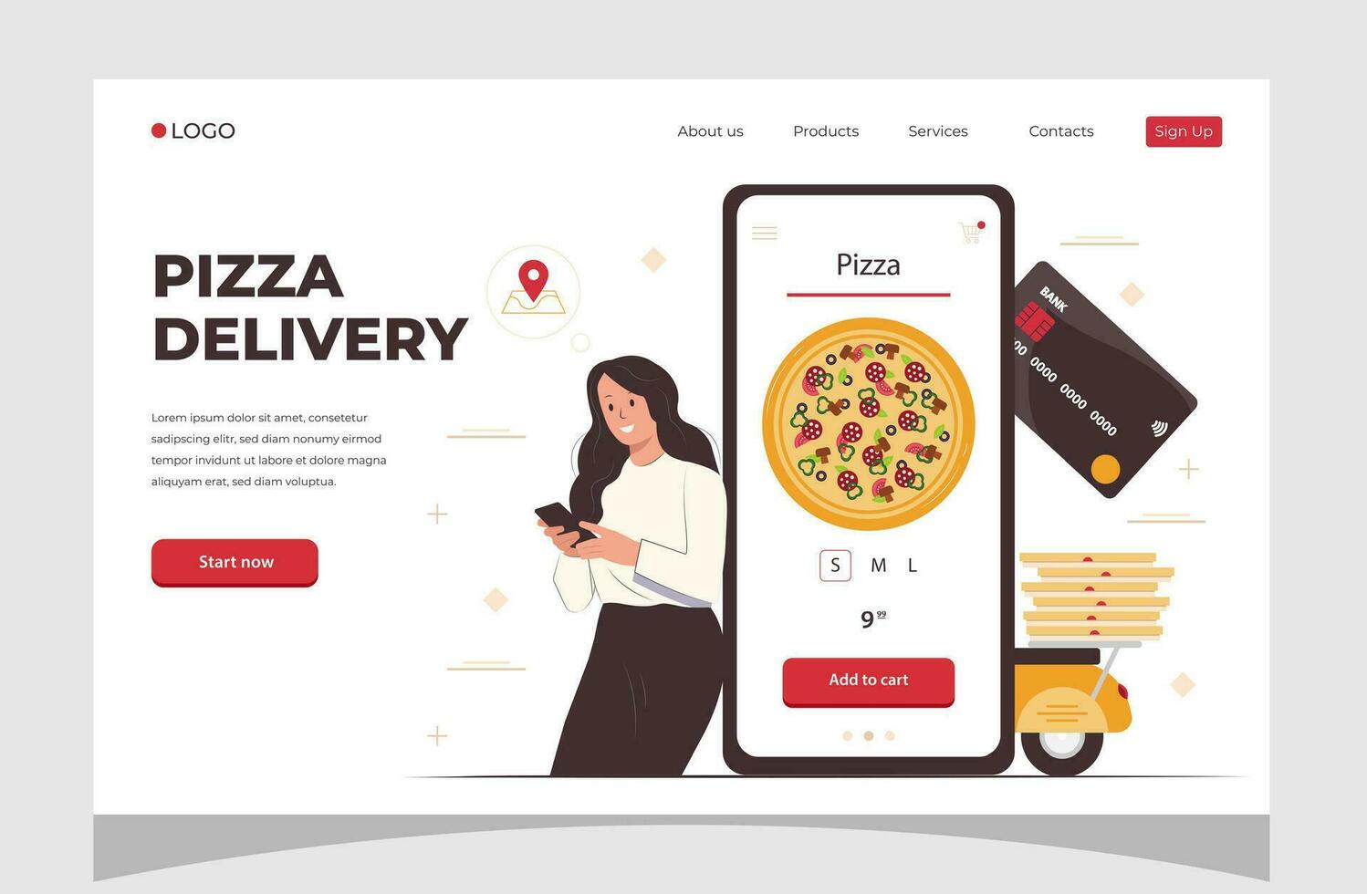 Food online order smartphone. Pizza delivery. Girl ordering pizza online and paying with card. Food delivery concept for banner, website design or landing web page. vector