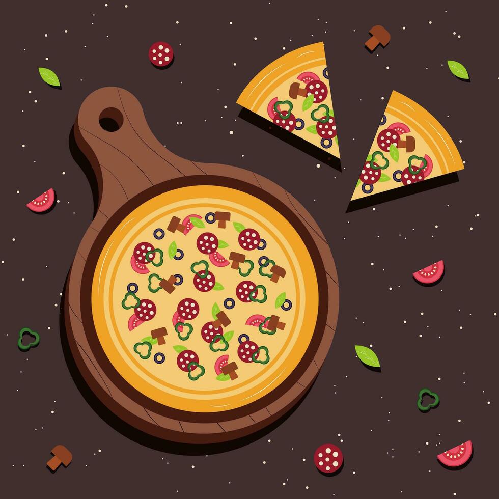 Pizza banner or background. Pizza on the board. Vector illustration.