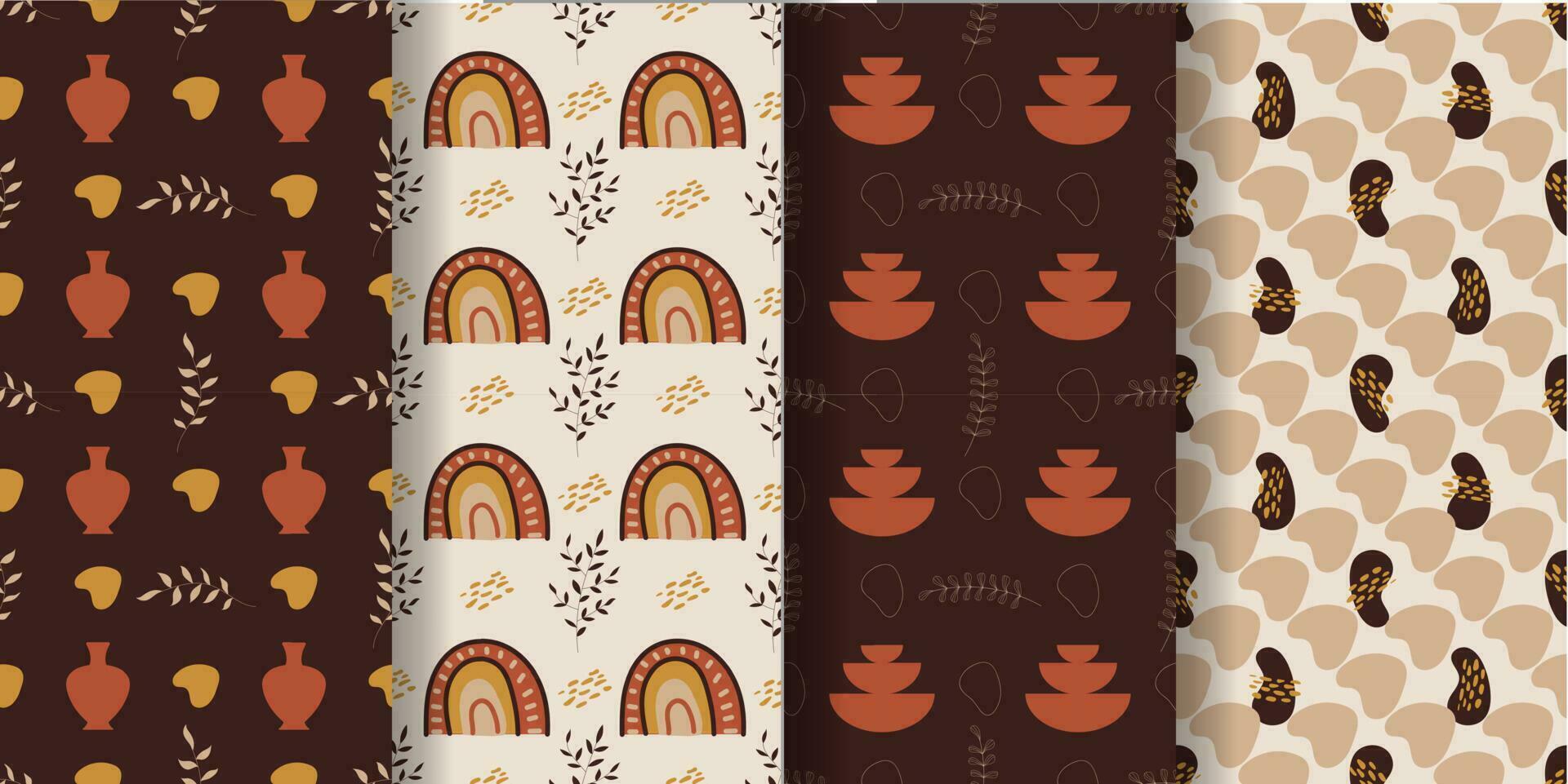 Aesthetic patterns. Boho patterns. Set of seamless pattern with leaves, vases, rainbows, dots and geomtric shapes in boho and aesthetic style. Vector Illustration.