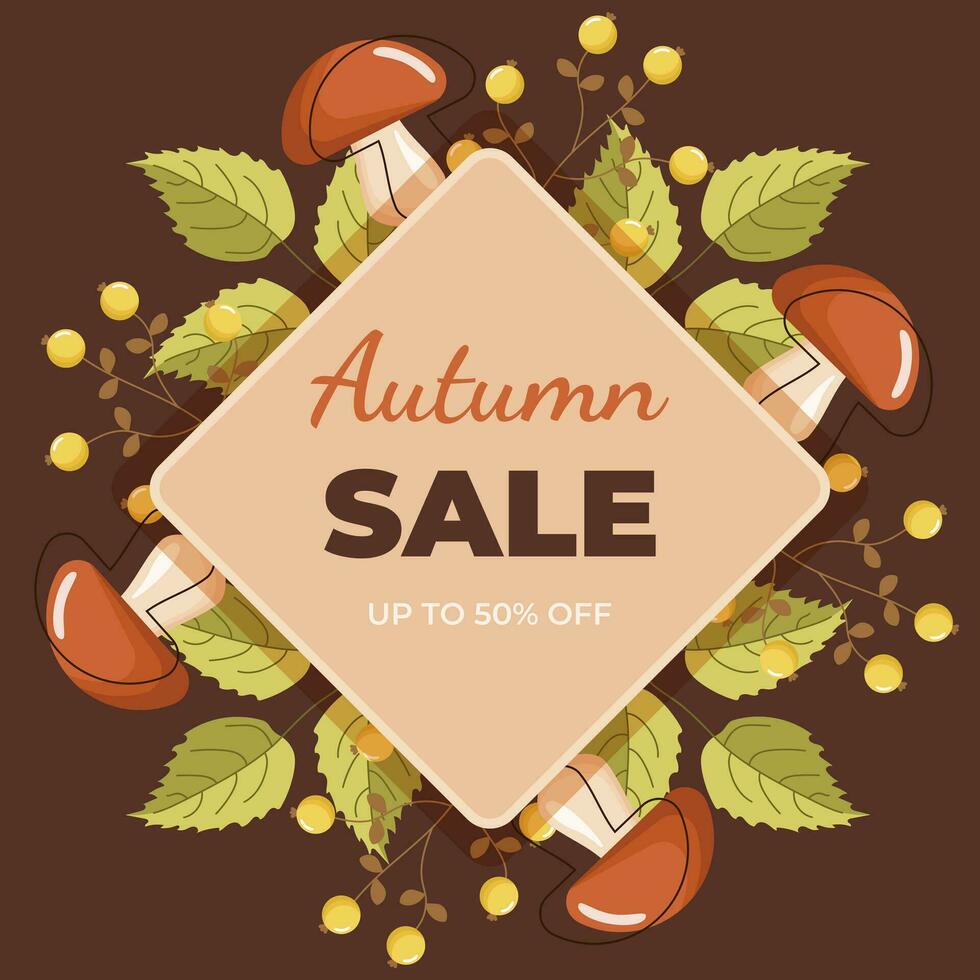 Autumn banner sale with leaves, mushrooms and berries . Can be used for shopping sale, promo poster, banner, flyer, invitation, website. Vector illustration