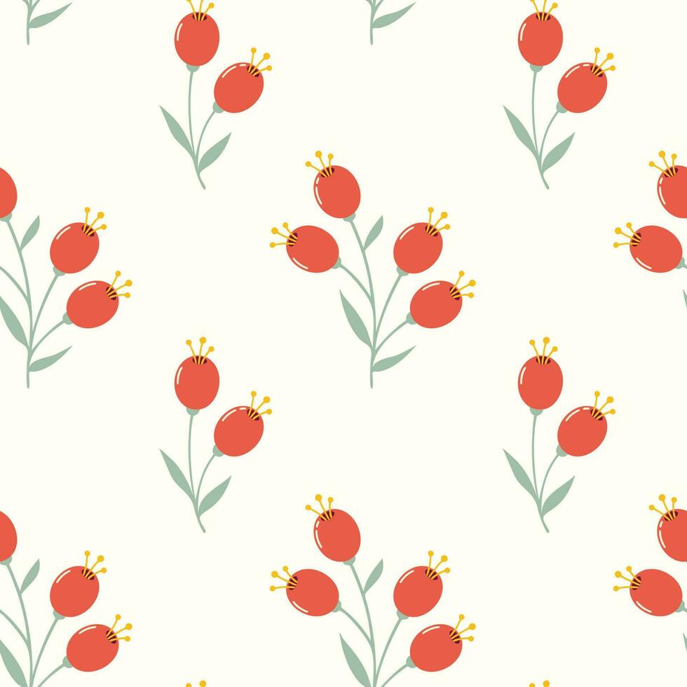 Seamless pattern of wild rosehip berries, branches and leaves. Hand drawn design for celebration prints, scrapbooking, nursery decor, home decor, paper crafts, invitation design, textile. vector