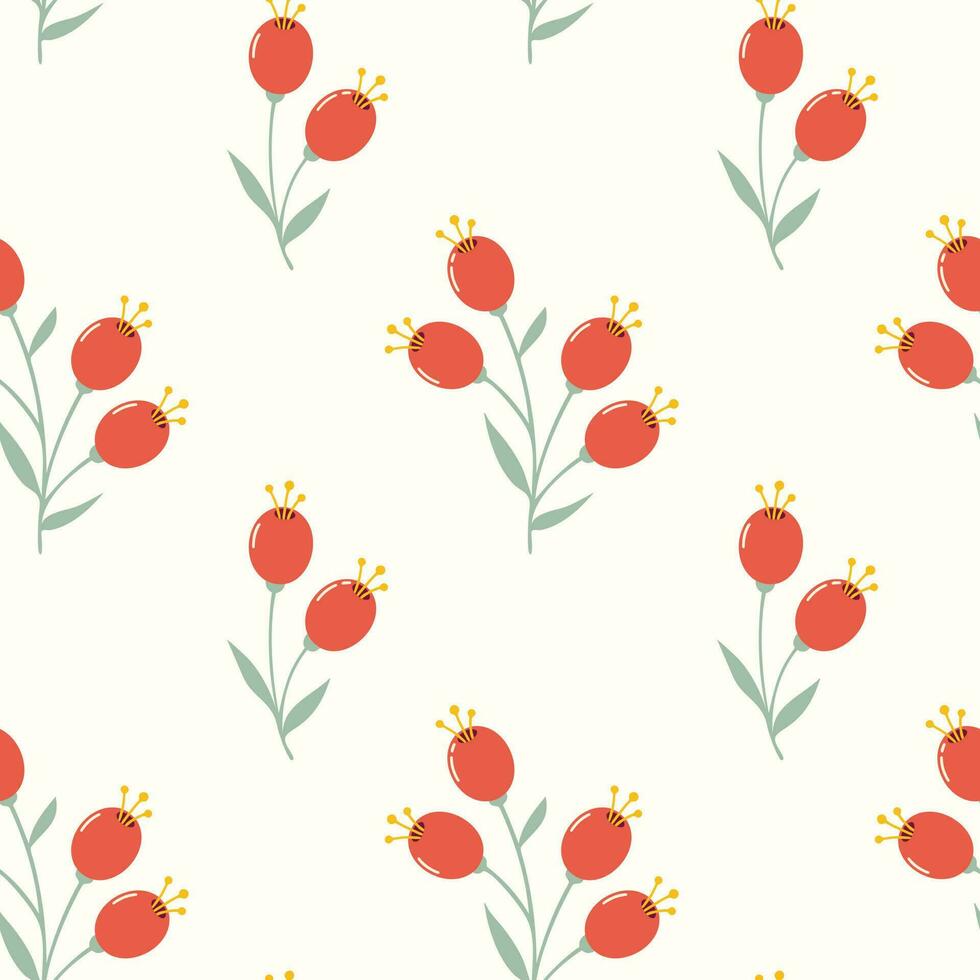 Seamless pattern of wild rosehip berries, branches and leaves. Hand drawn design for celebration prints, scrapbooking, nursery decor, home decor, paper crafts, invitation design, textile. vector