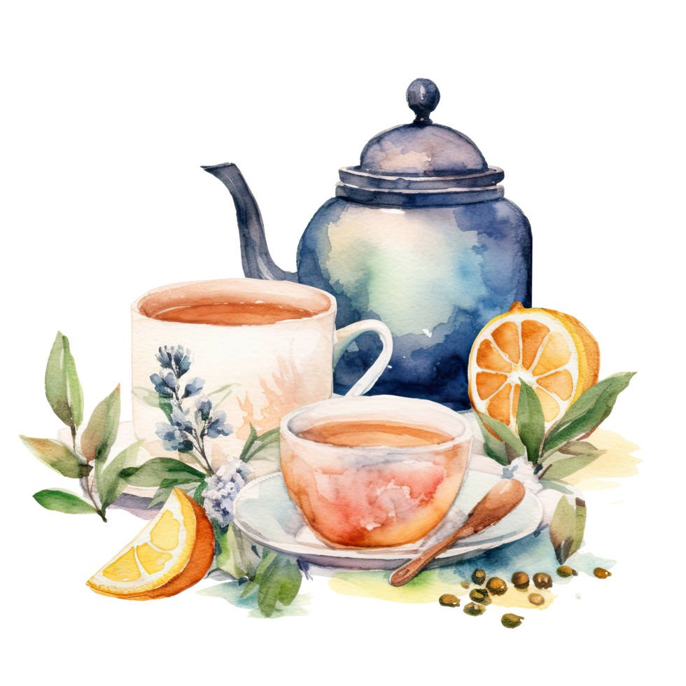 Watercolor tea with teapot. Illustration png