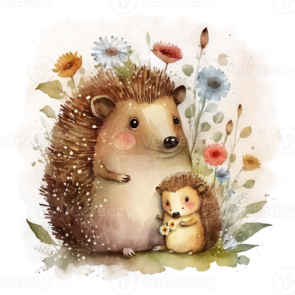 Cute little hedgehog with mom. Watercolor painting cutout. png