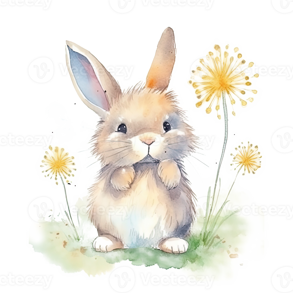 Rabbit blowing dandelion watercolor. Illustration png