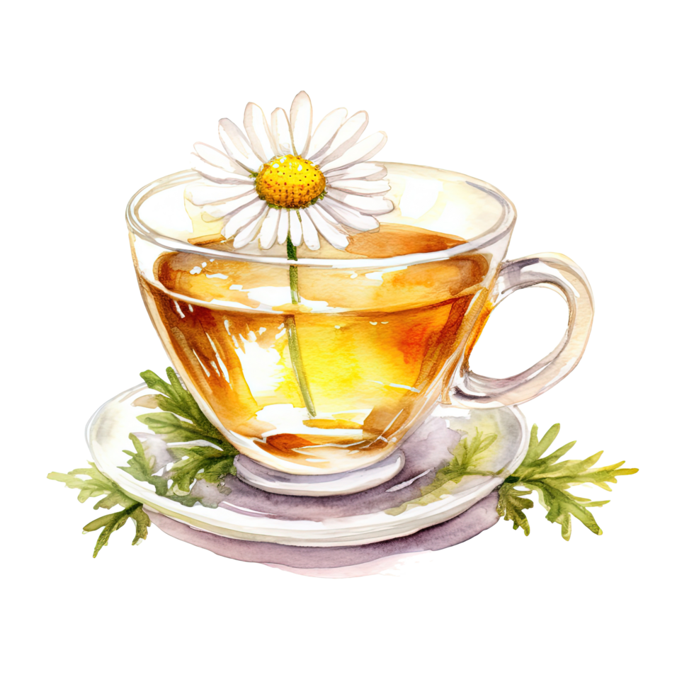 Watercolor chamomile tea. Illustration png